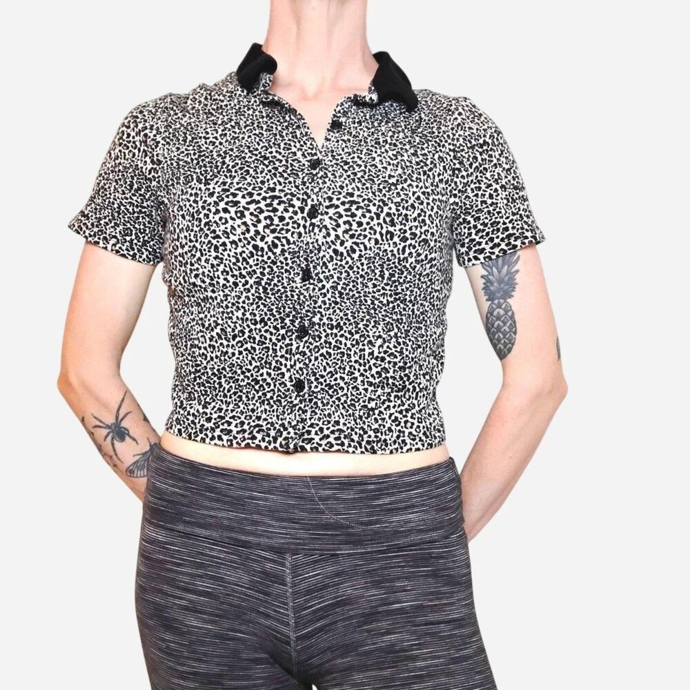 Wild Fable Leopard Print Ribbed Button Up Crop Top Collared Size XS
